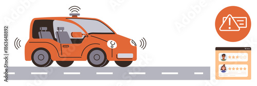 Smart transportation, autonomous technology, safety protocols, user reviews, navigation systems, futuristic vehicles. Self-driving car with digital icons. Smart transportation and autonomous