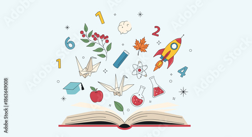 Creative education themed illustration with school supplies and science symbols emerging from an open book for learning posters.