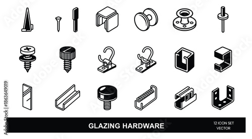 Glazing hardware vector icon set with components for window and door. 12 icons included, simple and easy to use.