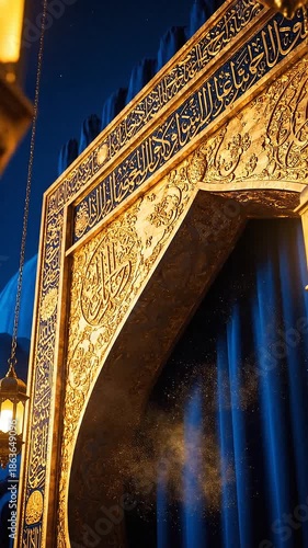 Ornate golden archway with hanging lanterns at night