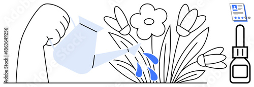 Hand holding watering can, hydrating flowers with drops. Nearby seed packet and plant spray bottle. Ideal for growth, nurturing, gardening, environment, sustainability, caregiving and teamwork