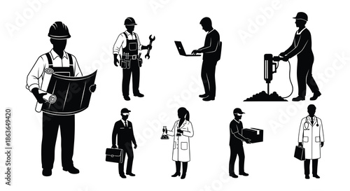 Diverse professions illustrated factory worker doctor chef and office staff silhouettes