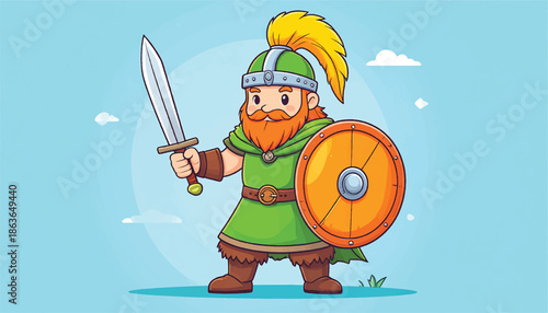 Cartoon Viking Warrior Ready for Battle with Sword and Shield.