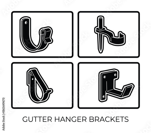 Gutter hanger brackets vector icons. Metal hardware for seamless rain gutter system installation and maintenance.