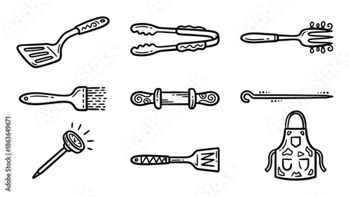 Hand drawn grill accessories icons. Cooking tools for barbecue or grilling. BBQ clip, spatula, brush, fork, apron, etc.