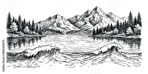 Hand drawn ink drawing of a mountain lake surrounded by forest with waves in the foreground.