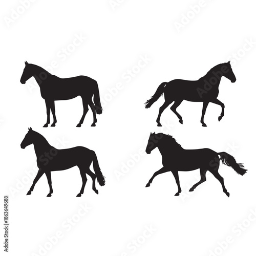 Four black silhouettes of horses in different running positions on a white background