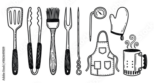Hand drawn vector illustration set of grilling tools, apron, oven mitt and charcoal chimney starter.