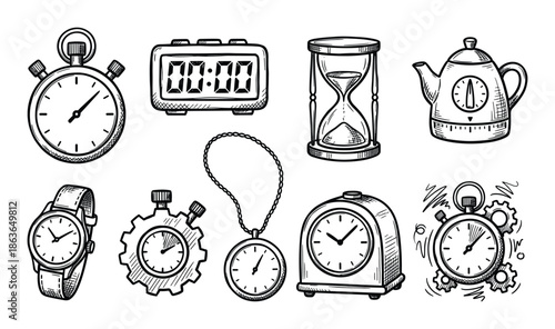 Hand drawn illustrations featuring different types of clocks, timers, and time measurement tools.