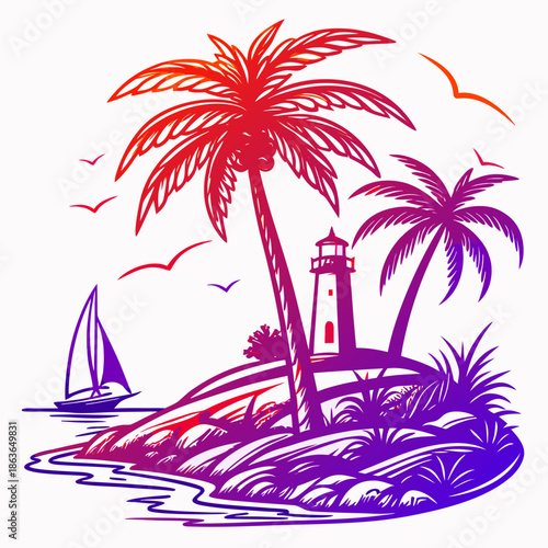 Stylized tropical island scene featuring prominent palm trees a solitary lighthouse overlooking the ocean with a sailboat and soaring seagulls in vibrant gradient color