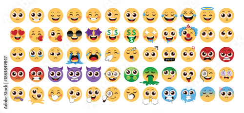 Emoji icon clipart set. Yellow emojis character clip art like happy, laughing, I like you, money mouth, cry, frustrated, angry, cold, mood off, lip kiss and pain emoticon facial expressions flat 