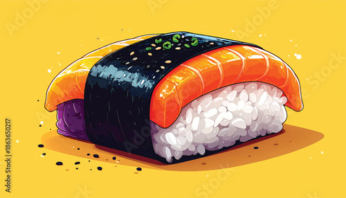 Vibrant Salmon Nigiri Sushi with Seaweed Wrap Illustration.