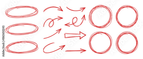 Hand-drawn red scribble arrows and circles collection. Vector ellipses and marker highlight circles for decor.