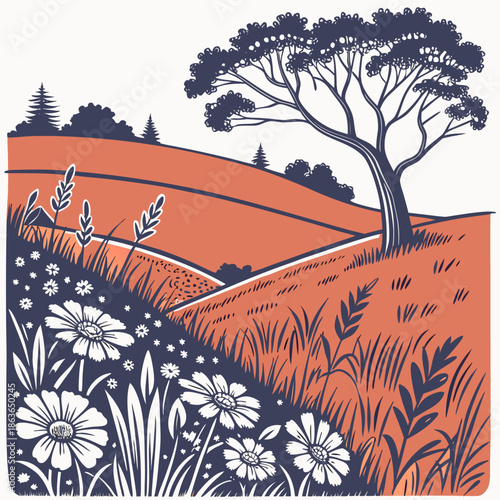 Stylized illustration of a serene countryside landscape featuring rolling hills a solitary distinctive tree and wildflowers in the foreground with warm colors.
