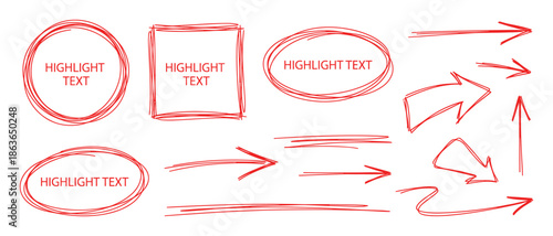Hand-drawn red shapes and arrows for emphasizing text. Vector design elements for highlighting and decor