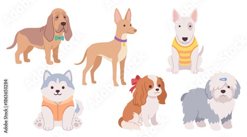 Cute Dog Characters Vector Set – Cartoon Puppies in Flat Pastel Style