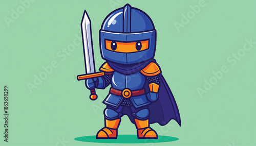 Cartoon Knight Character with Sword Ready for Battle.