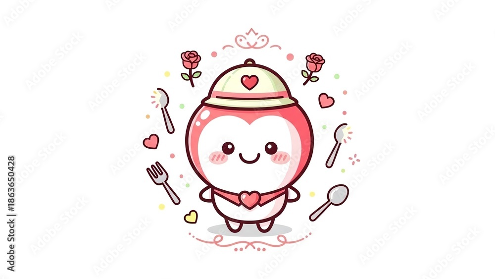 Obraz premium Adorable cartoon chef pot mascot with kitchen tools and floral decorations in a cheerful cooking theme illustration