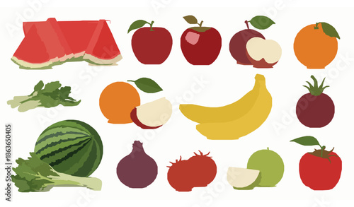 Fresh fruits and vegetables abundance concept colorful vector illustration set