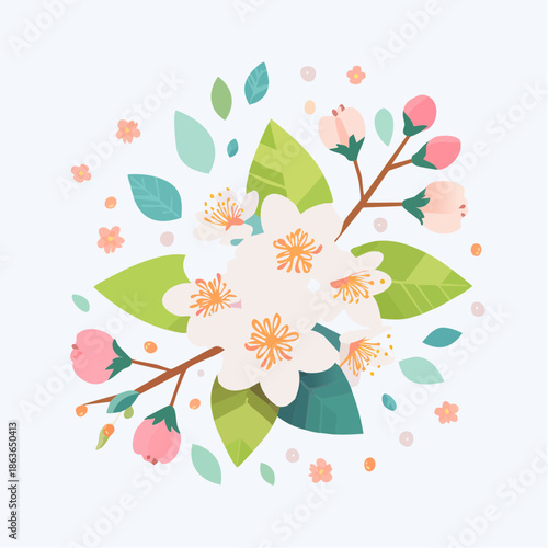 Colorful Floral Arrangement with Leaves and Blooms.