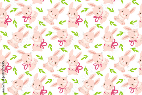 Charming vector illustration of adorable bunnies with pink ribbons surrounded by green leaves. Playful and cute design, perfect for children s products or festive decor.