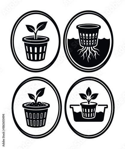 Hydroponics icons set showing diverse growing methods, and soilless gardening cultivation techniques.