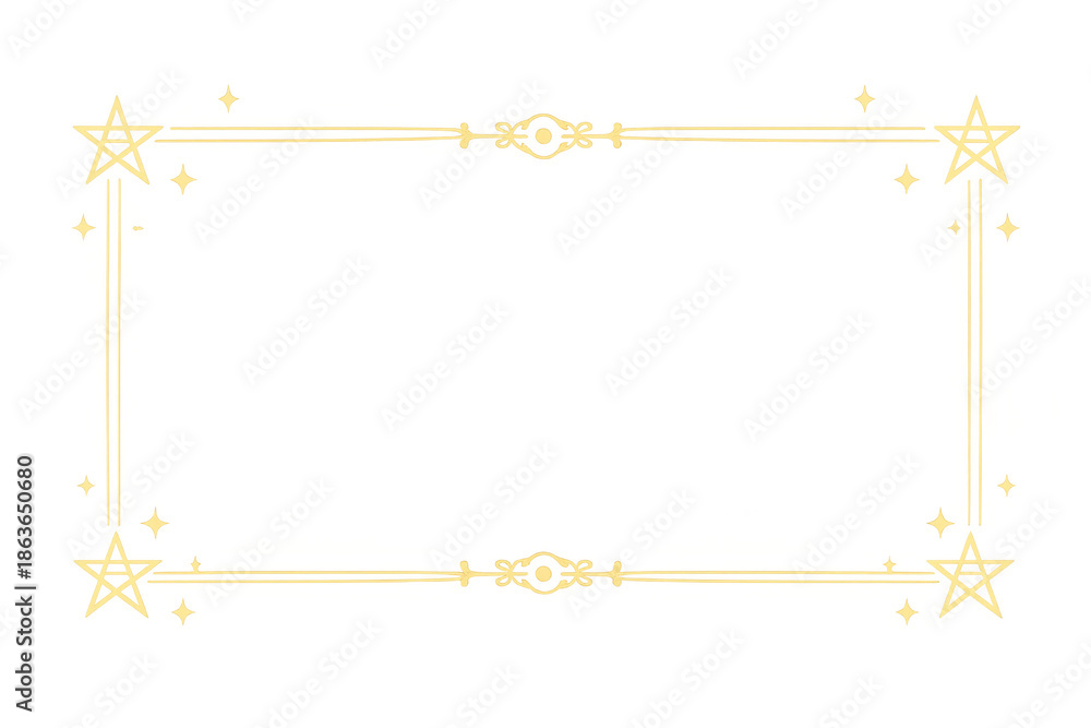 Naklejka premium Golden celestial frame with glowing stars and decorative elements creating a magical border, isolated on transparent background