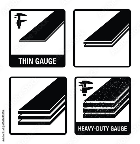 Icons illustrating thin and heavy-duty gauge material thickness with caliper tool.