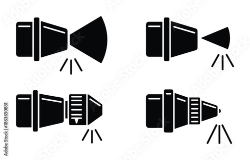 Icons of water jet nozzles with different spray patterns. Industrial tool design, black silhouette.