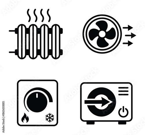 Icons representing home heating and cooling: radiator, fan, thermostat, and air conditioning unit.