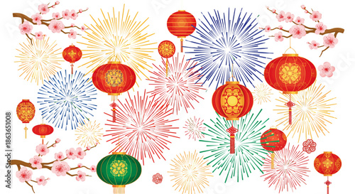 Vibrant Asian Celebration Design with Traditional Lanterns, Explosive Fireworks, and Delicate Cherry Blossom Branches, Capturing the Essence of Festive Gatherings and Cultural Events