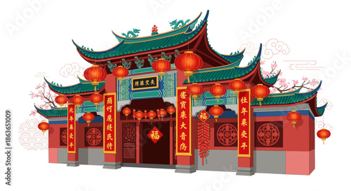 Traditional Chinese Temple Architecture with Red Lanterns and Festive Decorations