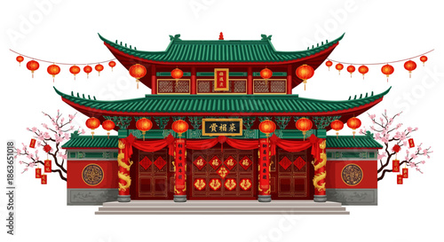 Traditional Chinese Gatehouse with Red Lanterns and Cherry Blossoms