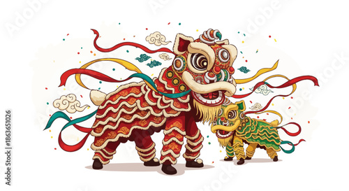 Traditional Chinese lion dance performance illustration for New Year celebration, featuring vibrant colors, ribbons, and auspicious clouds, embodying festive joy and cultural spirit