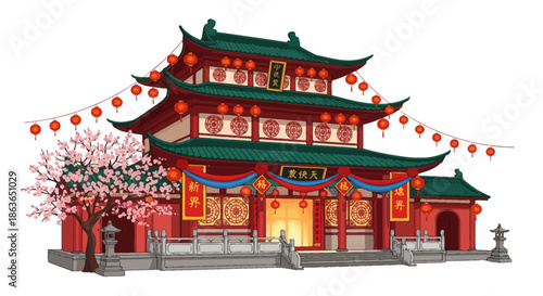 Vibrant traditional Chinese temple building, beautifully adorned with festive red lanterns and delicate cherry blossoms, evoking cultural heritage and celebration