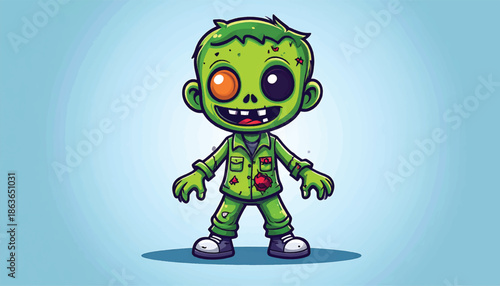 Cartoon Zombie Boy with Mismatched Eyes and Torn Clothes.