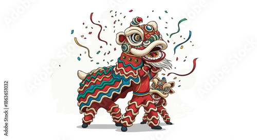 Vibrant Chinese Lion Dance Performance with Festive Confetti Amidst a Joyful Celebration of Lunar New Year Traditions and Asian Cultural Festivities
