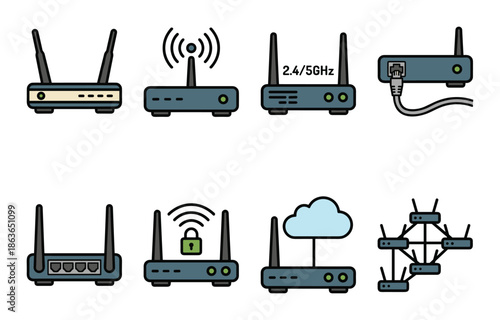 Illustration collection of router icons: network security, cloud connectivity, wifi connection, and more internet concepts.