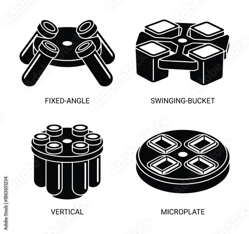 Illustration of centrifuge rotor types: fixed-angle, swinging-bucket, vertical, and microplate rotors, lab equipment.