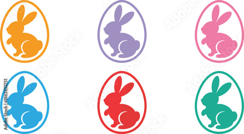 Assortment of colorful Easter bunny shapes inside egg symbols against a clear white surface