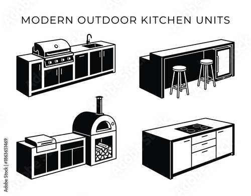 Illustration of modern outdoor kitchen units, including grill, sink, stove, pizza oven, counter and stools.