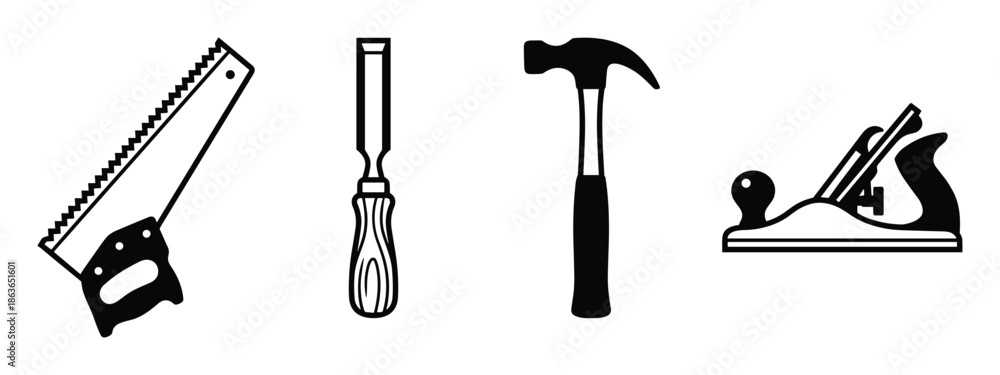 Fototapeta premium Illustration of woodworking tools including a saw, chisel, hammer, and hand plane for carpentry and crafts.