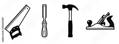 Illustration of woodworking tools including a saw, chisel, hammer, and hand plane for carpentry and crafts.