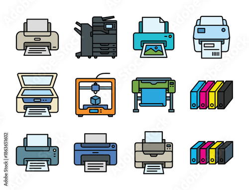 Illustration of various colorful printer types. Scanner, 3D, and wide format printer vector icons set.