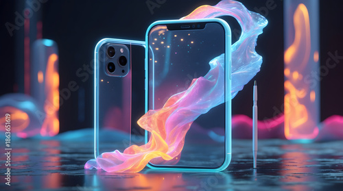 Futuristic Transparent Smartphone Concept with Glowing Neon Circuitry and Holographic Display