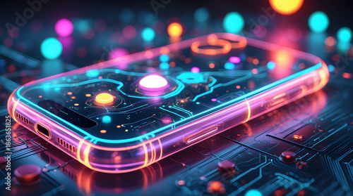 Futuristic Transparent Smartphone Concept with Glowing Neon Circuitry and Holographic Display