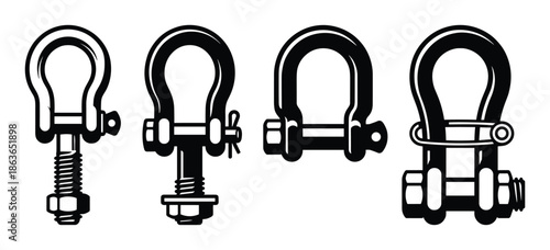 Illustration shows four shackles in black and white, each with unique style, pin, bolt and fasteners.