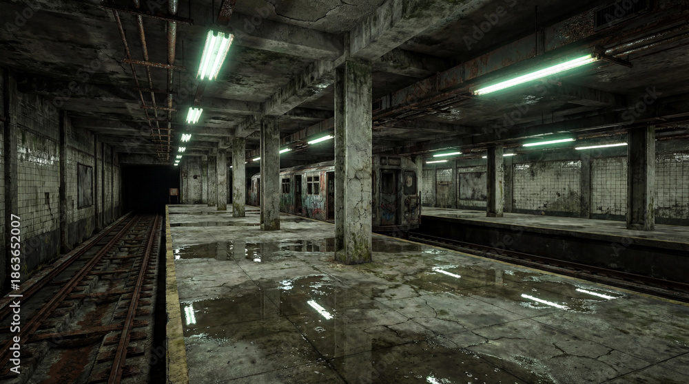 Obraz premium Abandoned dirty dark subway station with water puddles on the platform