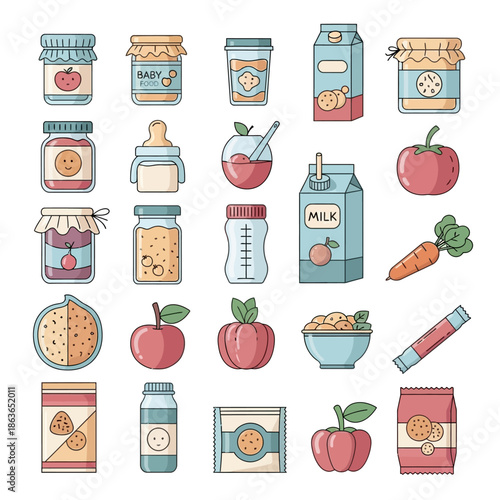 Colorful Baby Food Illustration Set with Milk, Juice, Fruits, and Feeding Bottles