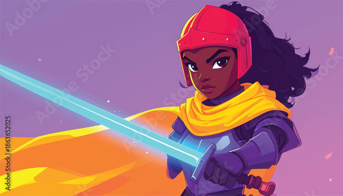 Brave Black Female Knight with Glowing Sword Illustration.